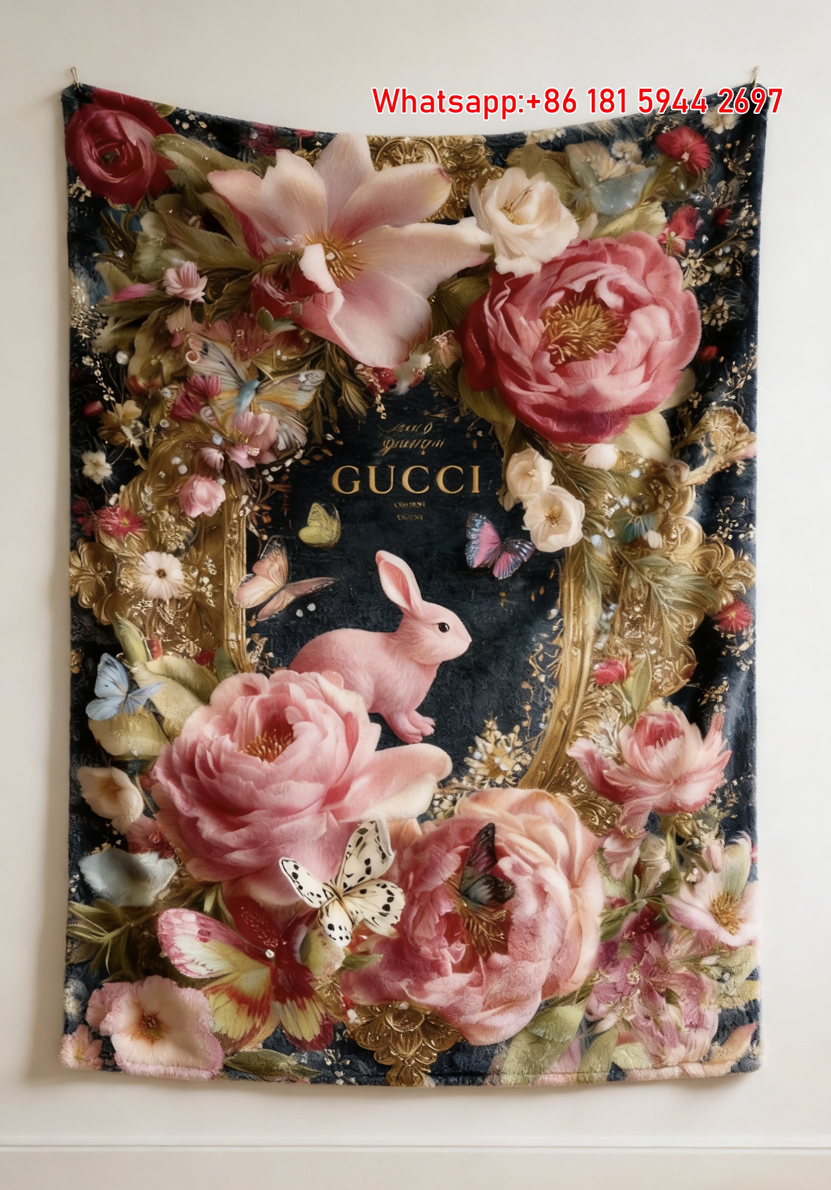 Gucci Pink Bunny throw Blanket Midnight Blossom & Rabbit Art IMG_2761